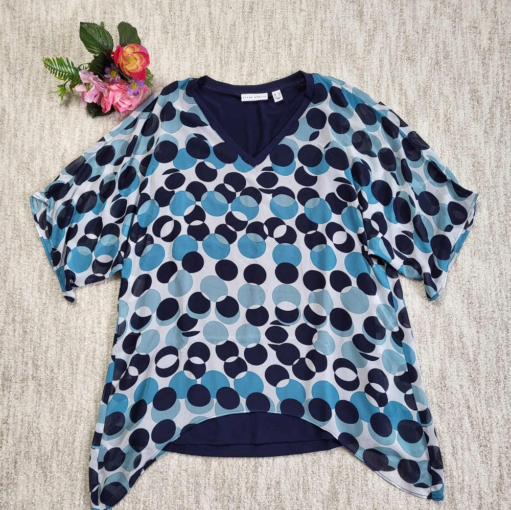 Susan Graver teal and navy circle print half-sleeve flowy layered blouse